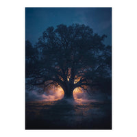 Ancient Mystical Oak Silhouette at Twilight with Ethereal Wisps (Print Only)