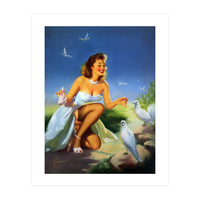 Beautiful Pinup Girl Feeding White Pigeons (Print Only)