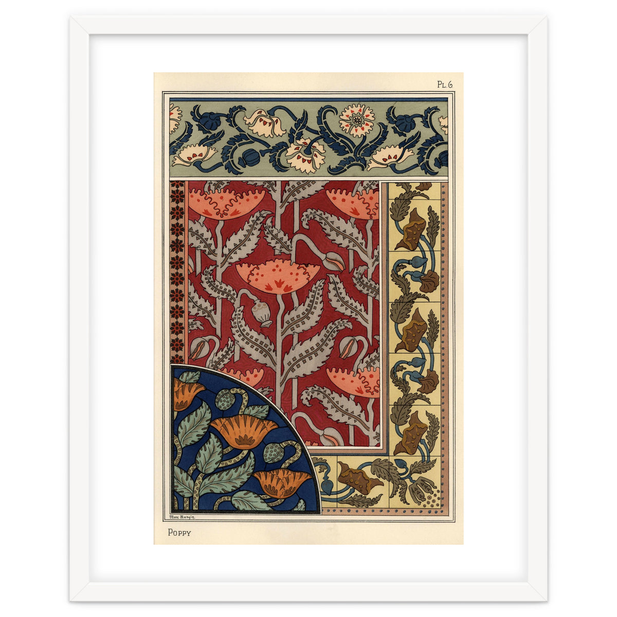 The poppy, Papaver somniferum, in stained glass, wallpaper, fabric and tile patterns. Lithograph ...