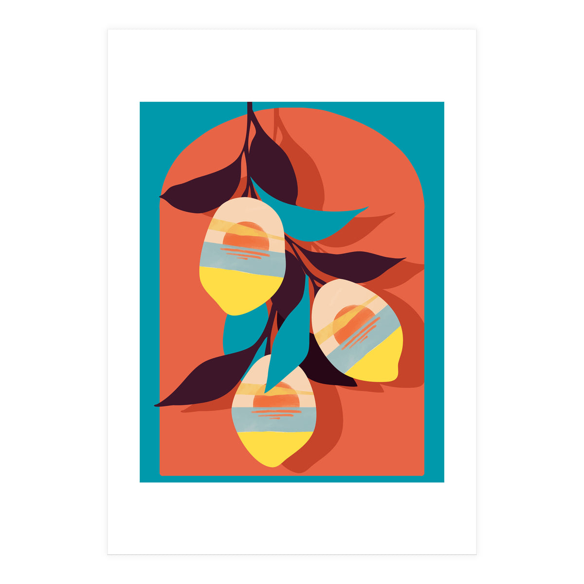 Lemon Sunset, Eclectic Botanical Colorful Bohemian Fruits, Food Pop Of Color Lime Retro (Print Only)