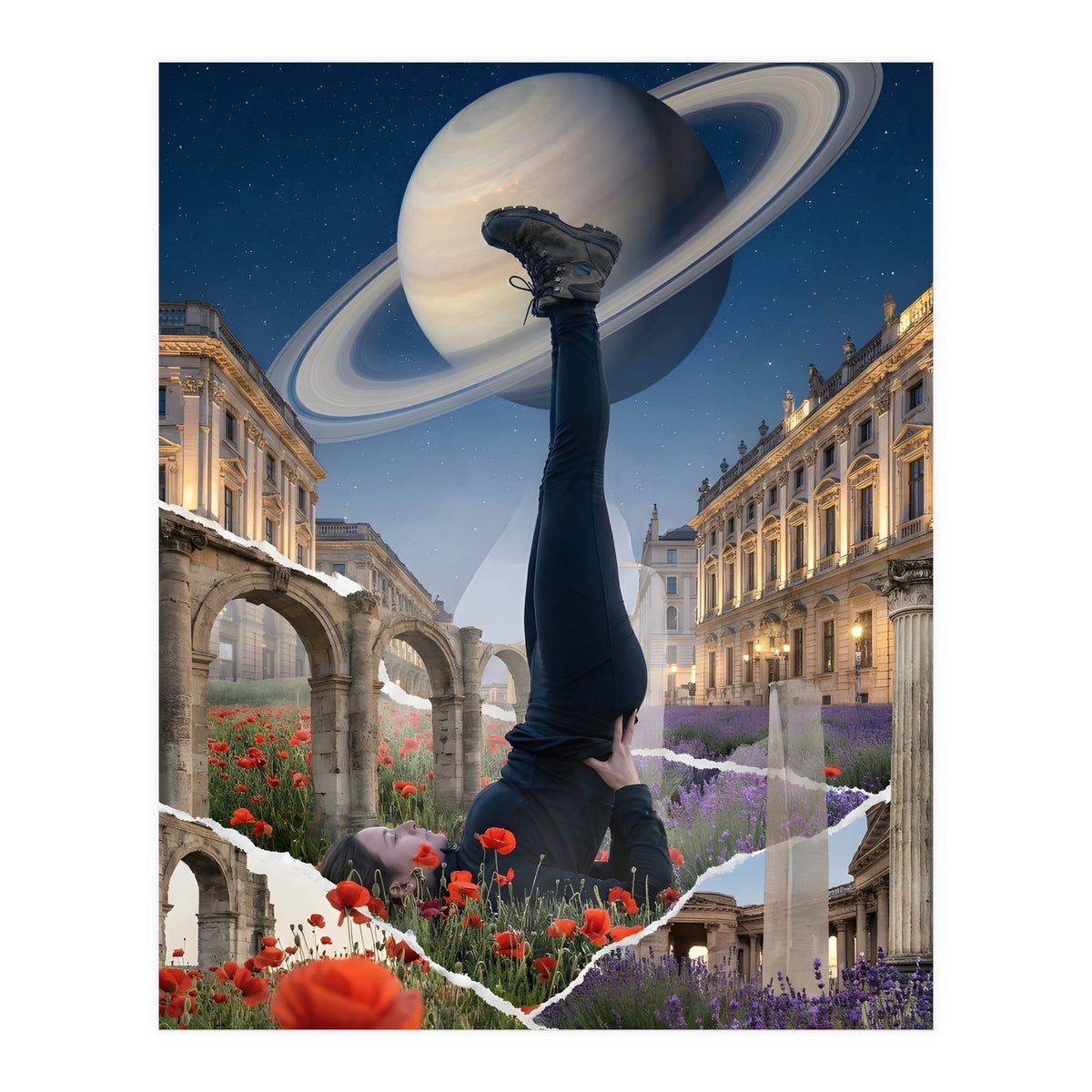 Cosmic Balance: Surreal Yoga in Ancient Dreamscapes (Print Only)