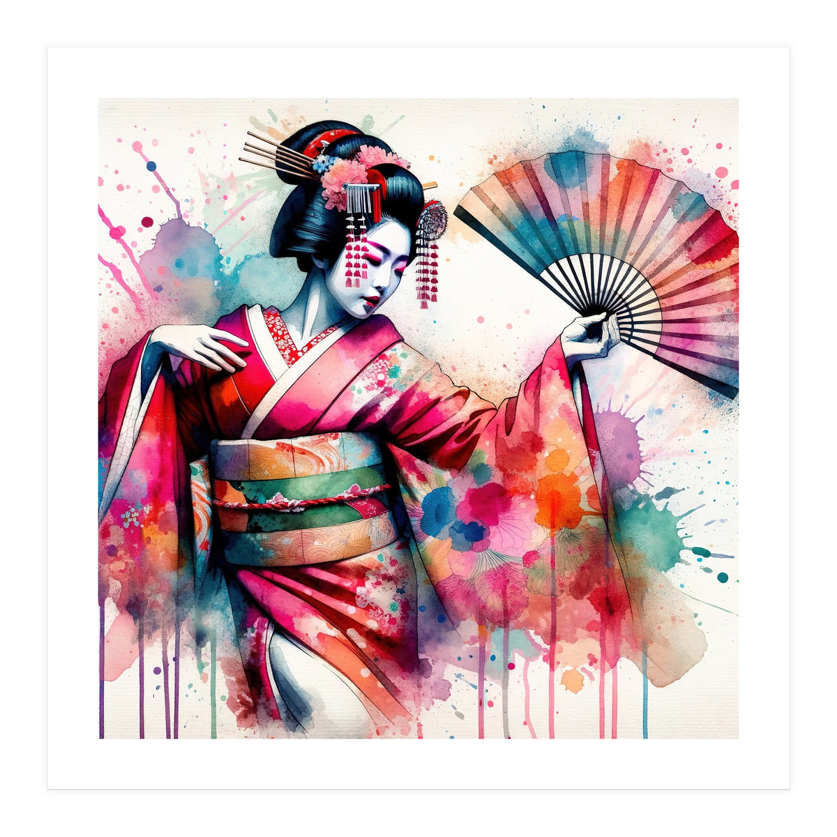 Vibrant Geisha With Rainbow Hand Fan (Print Only)