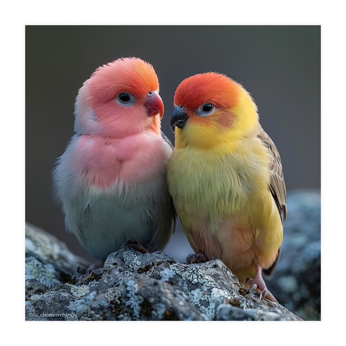 Pair Of Lovebirds Sitting On Rocks (Print Only)