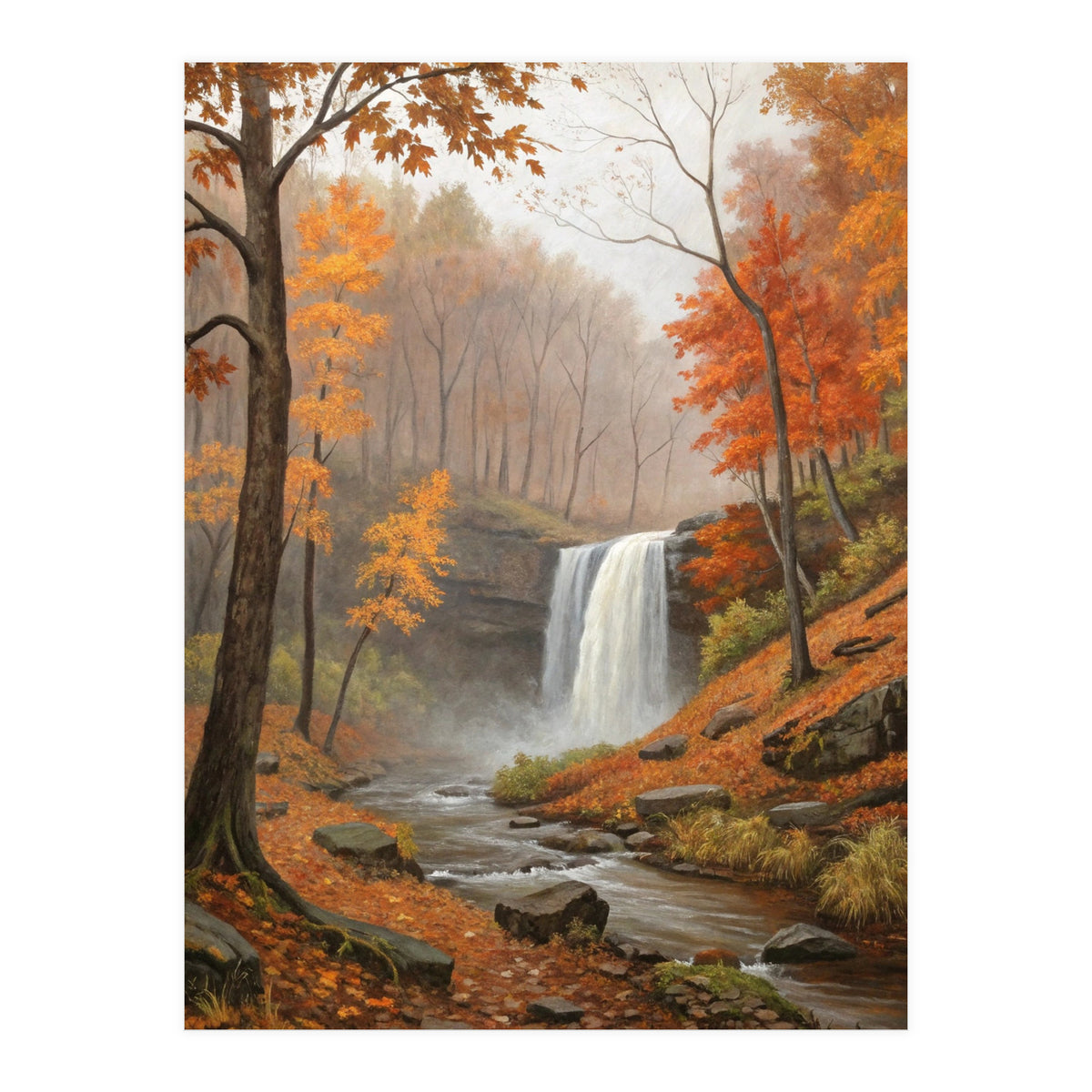 Serene Autumn Waterfall in Misty Forest (Print Only)