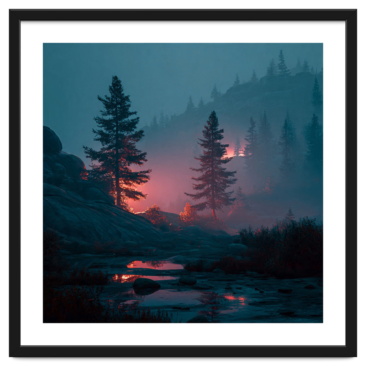 Atmospheric Twilight Pine Forest with Glowing Crimson Light