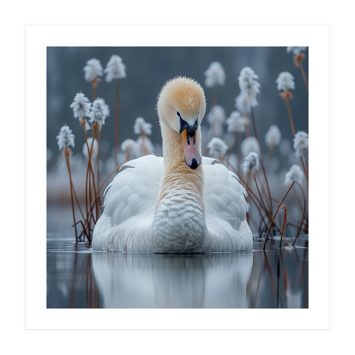 Swan Floating Serene On Calm Water (Print Only)