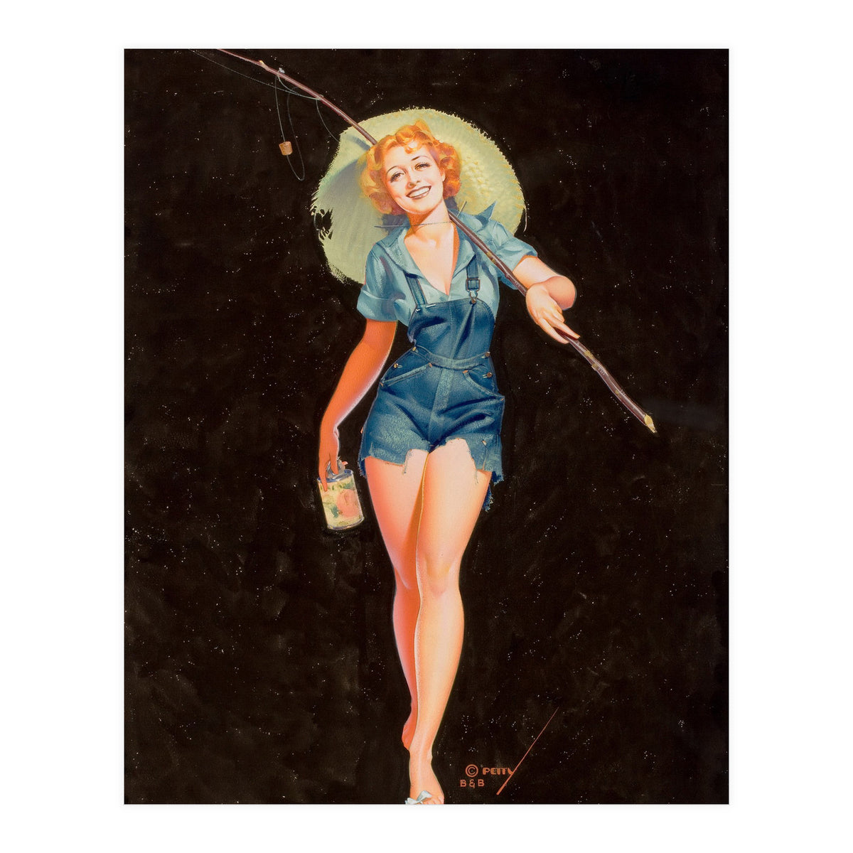 Happy Pinup Girl With A Fishing Stick (Print Only)