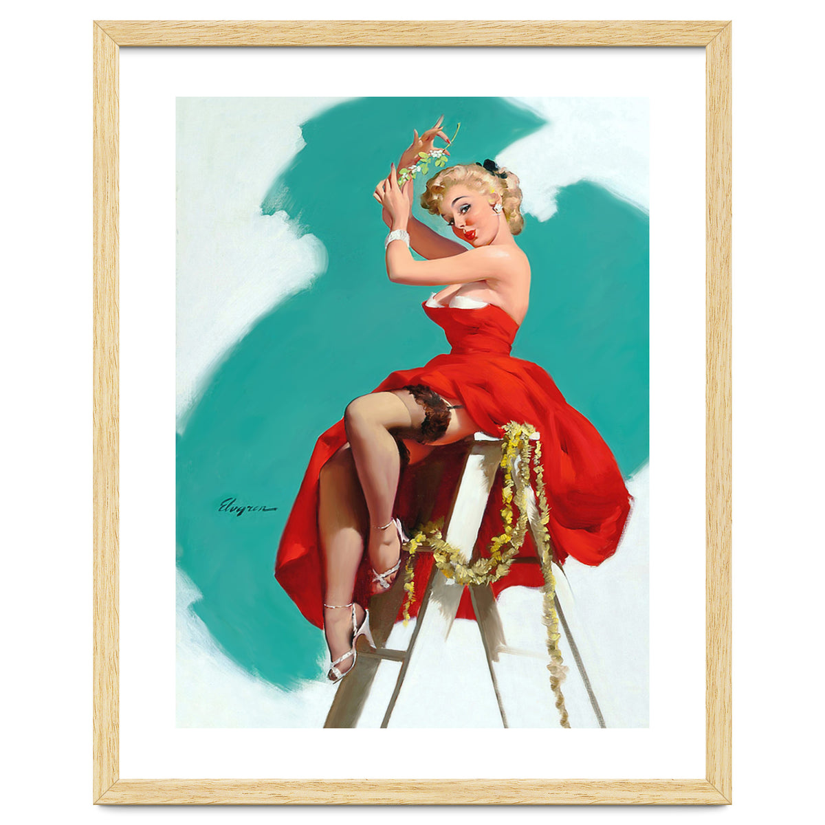 Sexy Pinup Girl In Red Dress Posing On a Ladder