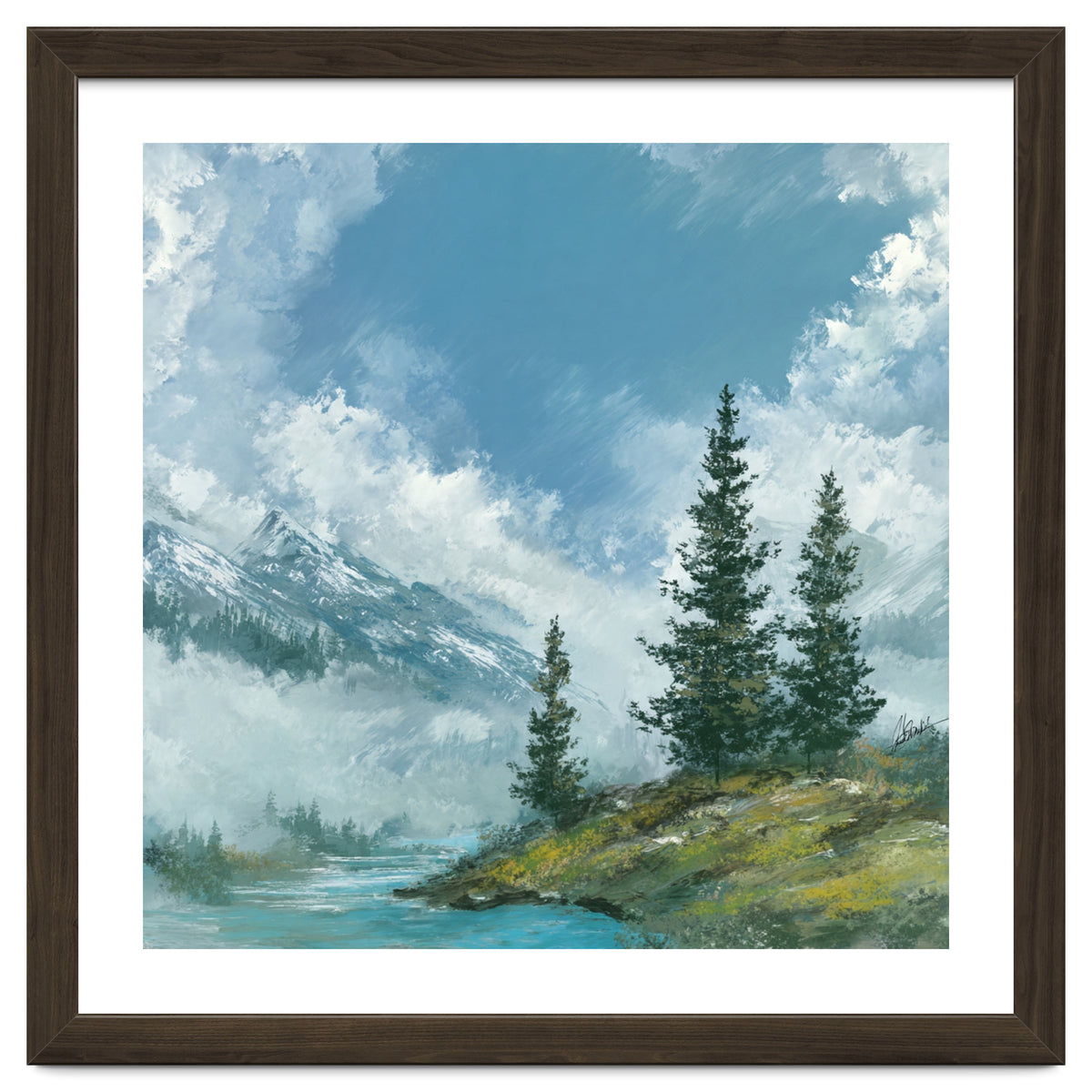 Ethereal Alpine River Valley with Snow-Capped Mountains