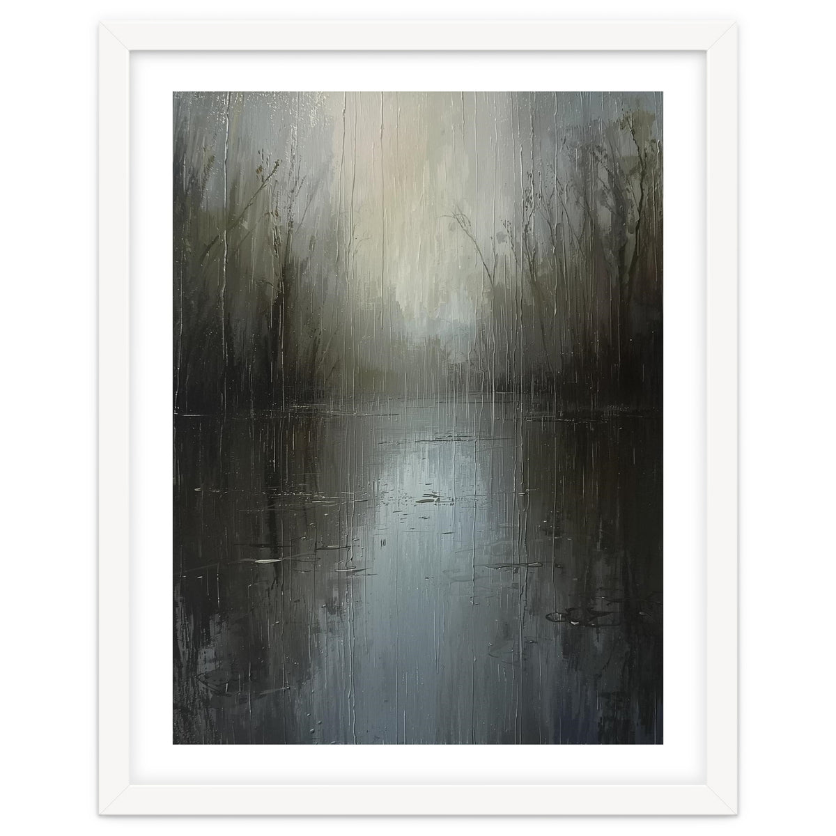 Ethereal Rainy Lake Forest Oil Painting