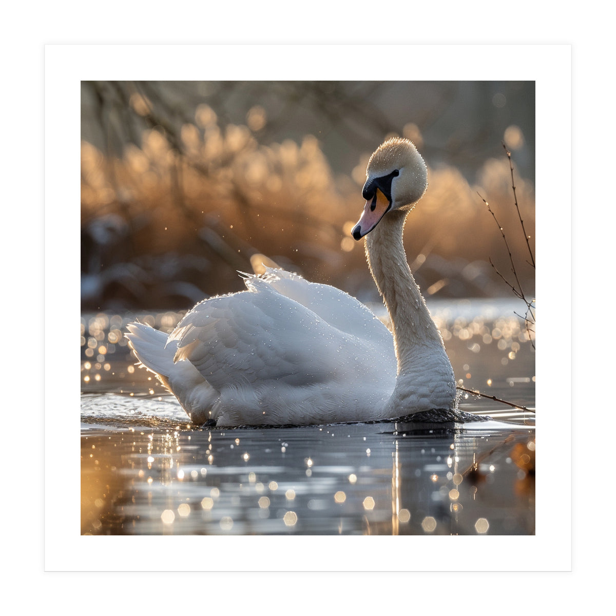 Majestic Swan On Calm Water During Sunset Nature Scene (Print Only)