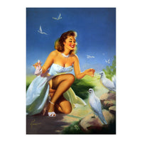 Beautiful Pinup Girl Feeding White Pigeons (Print Only)