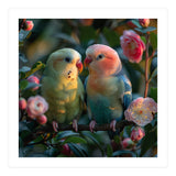 Two Lovebirds Perched On A Branch Near Flowers (Print Only) thumbnail