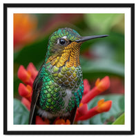 Close Up Of A Hummingbird On Red Flowers