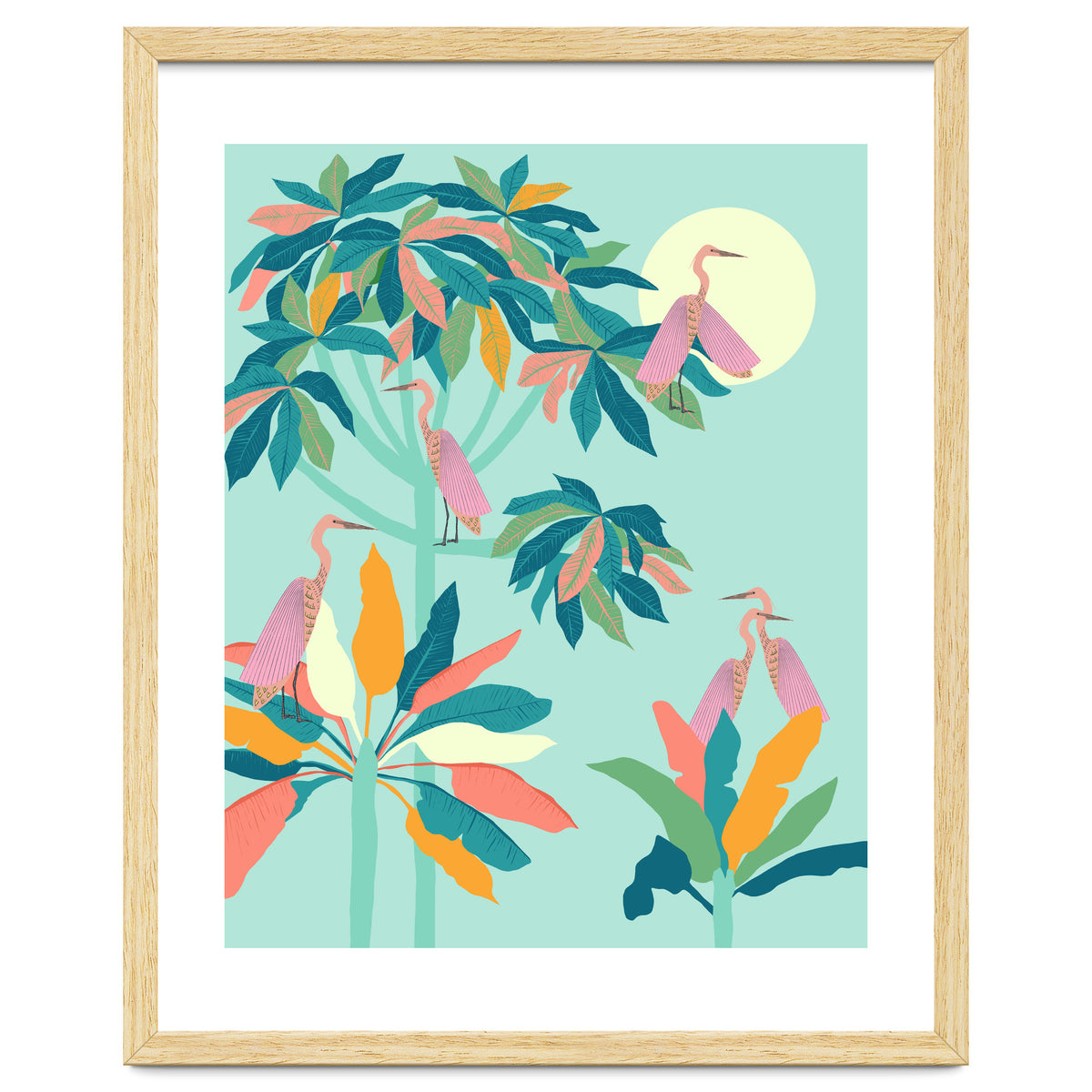Drawn To The Moon, Stork Heron Flamingo Birds, Tropical Pastel Wildlife Forest Nature, Animals Jungle Bohemian Eclectic Fly