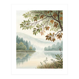 Tranquil Lakeside Forest Watercolor Painting with Overhanging Autumn Branches and Misty Mountain Reflection (Print Only) thumbnail