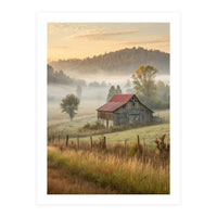 Rustic Red Roof Barn in Misty Morning Valley Landscape (Print Only)