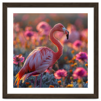 Pink Flamingo Standing In A Field Of Flowers