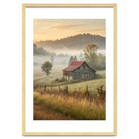 Rustic Red Roof Barn in Misty Morning Valley Landscape