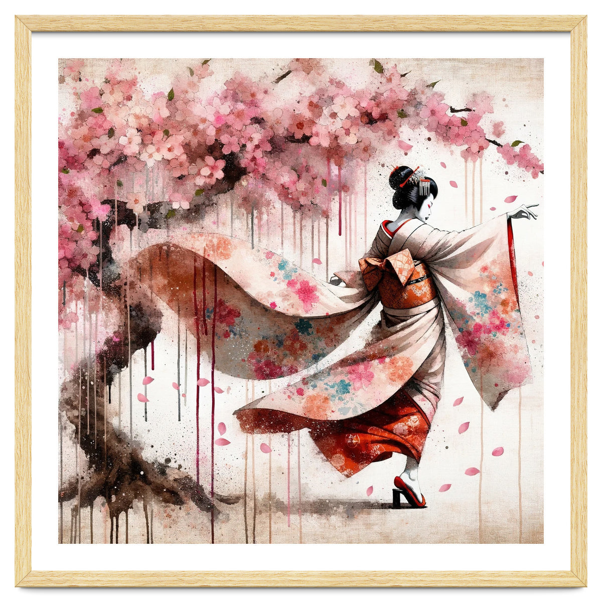 Geisha Under Cherry Blossoms In Motion