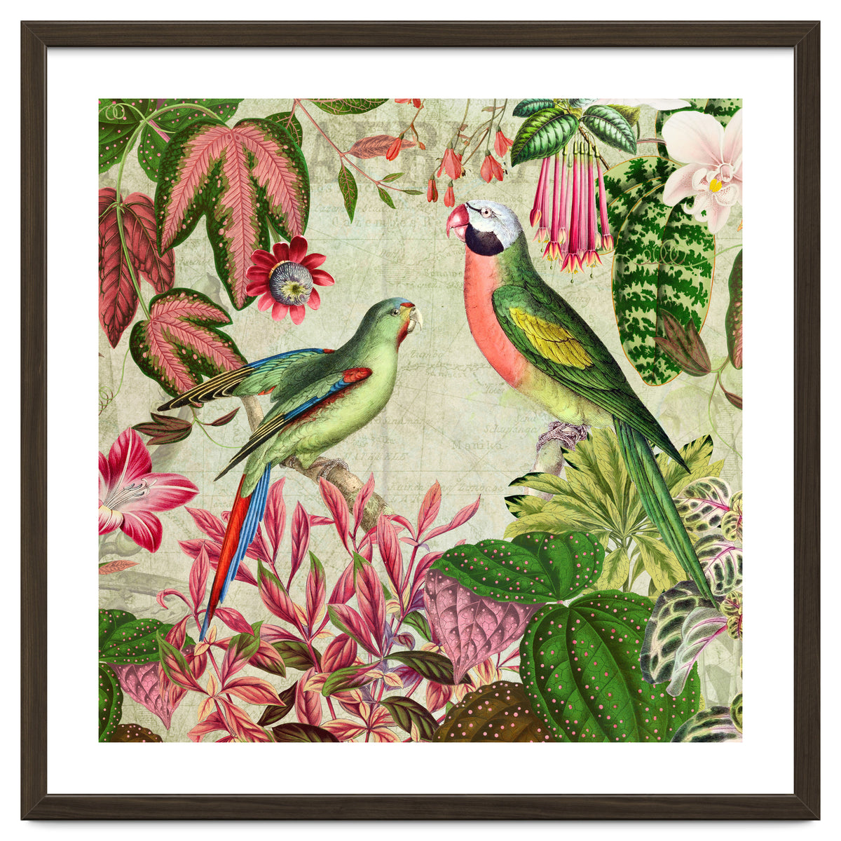 Exotic Lush Rainforest With Colorful Parrots And Flowers