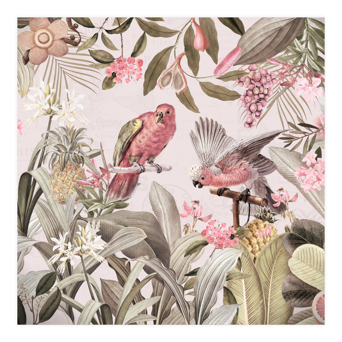 Colorful Parrots In Flower And Fruit Tropical Jungle (Print Only)