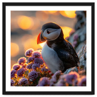 Puffin Bird Amidst Purple Flowers Golden Hour