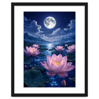 Moonlit Lotus Pond: Serene Nighttime Floral Landscape