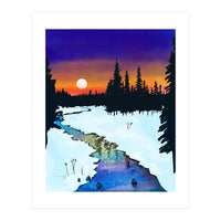 Purple Midnight, Snow River Full Moon Nature Landscape Painting, Winter Travel Adventure Places (Print Only)