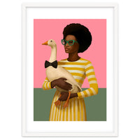 Stylish Woman Holding Goose In Striped Dress