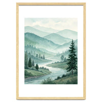 Serene Misty Mountain Valley Watercolor Painting