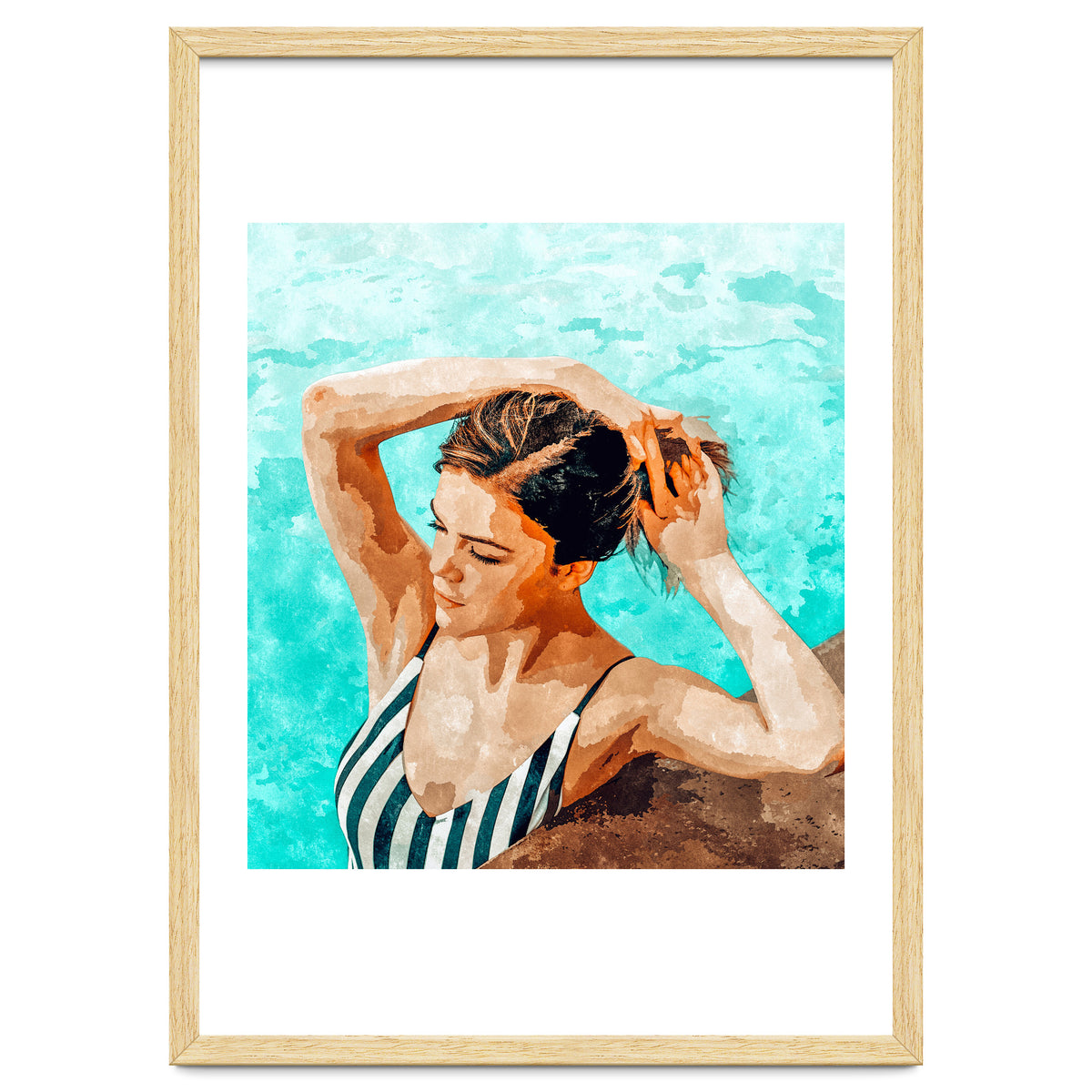 Simulacrum | Modern Bohemian Woman Swim | Summer Swimming Pool Fashion Watercolor Painting