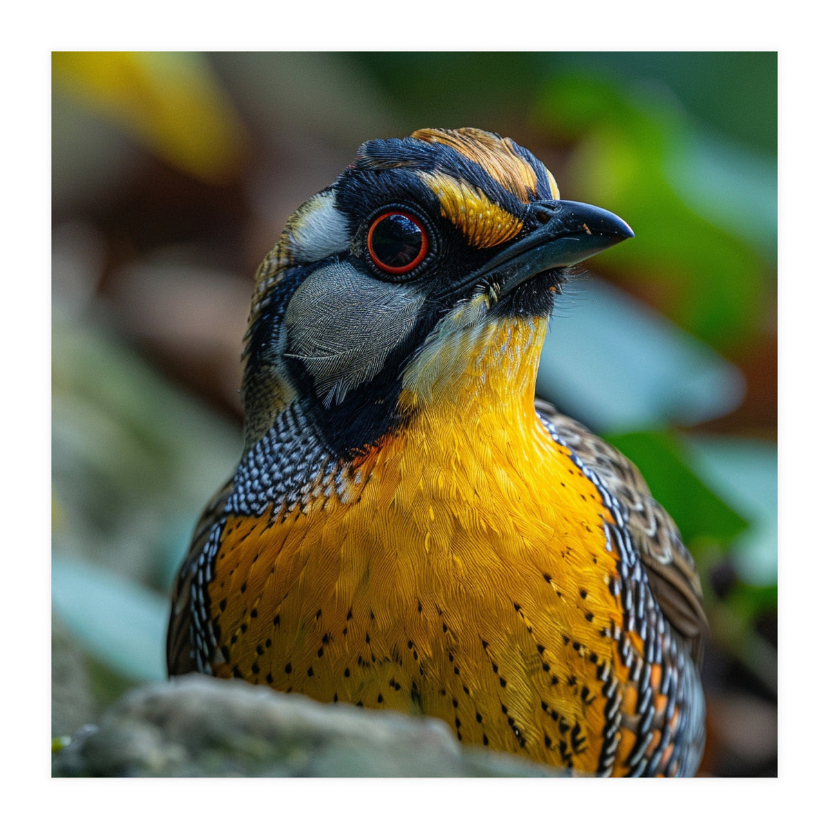 Close-up of a Yellow Bird featuring a Striking Red eye (Print Only)