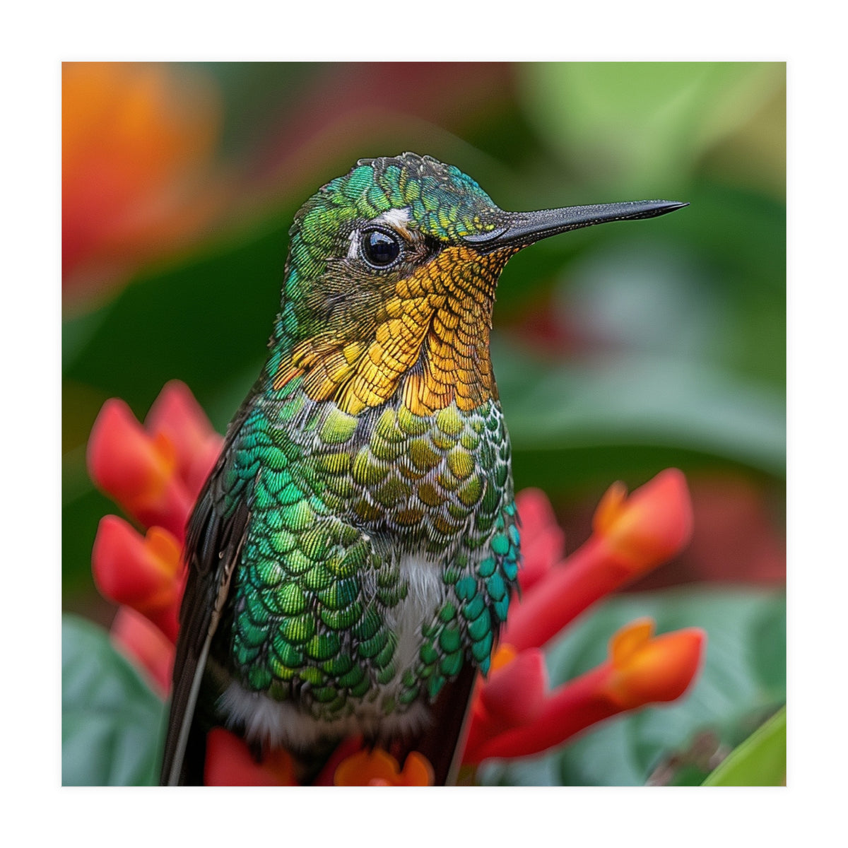 Close Up Of A Hummingbird On Red Flowers (Print Only)
