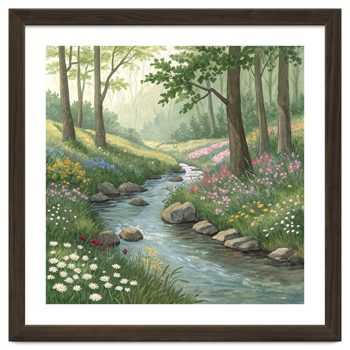 Vibrant Forest Stream Watercolor Painting