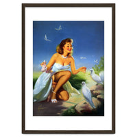 Beautiful Pinup Girl Feeding White Pigeons