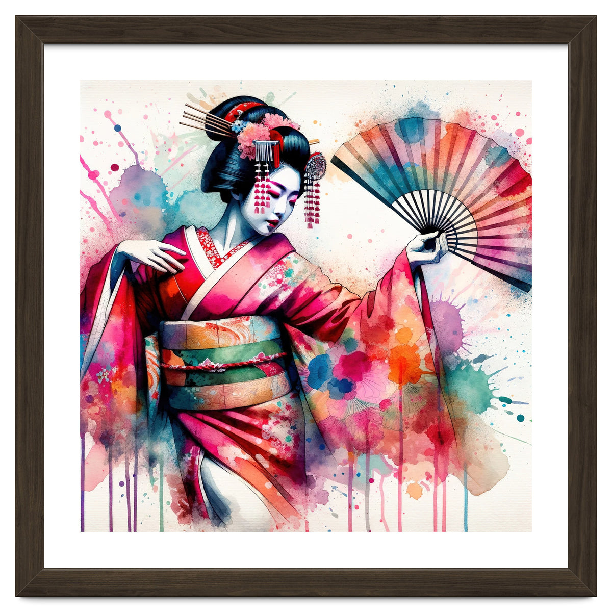 Vibrant Geisha With Rainbow Hand Fan