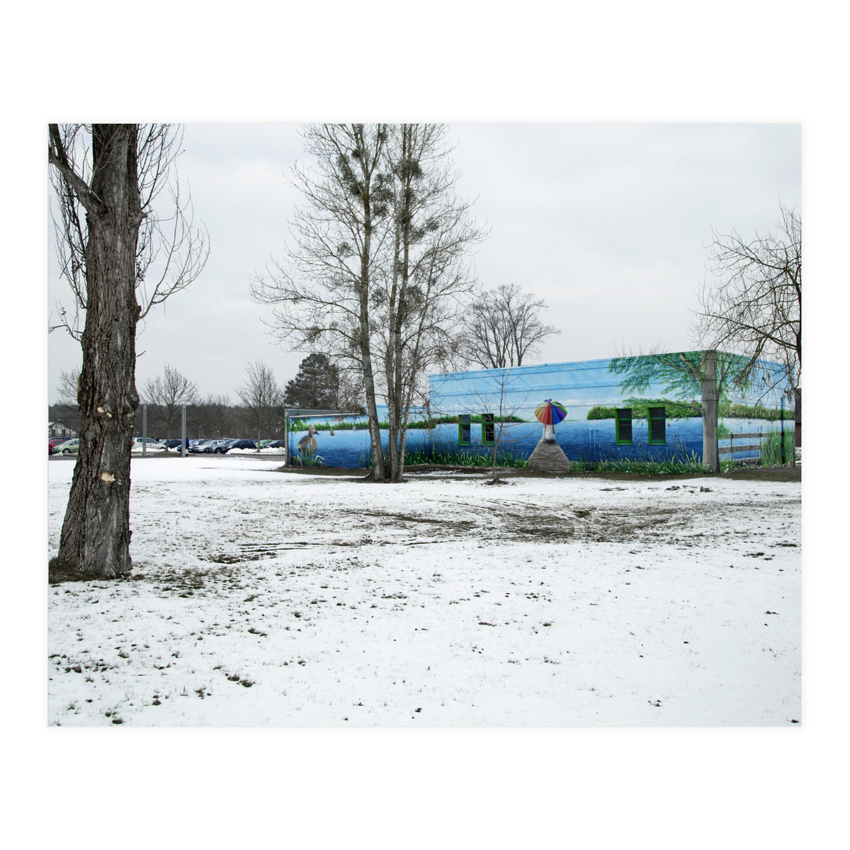 Colorful barn in the snowy ground landscape (Print Only)