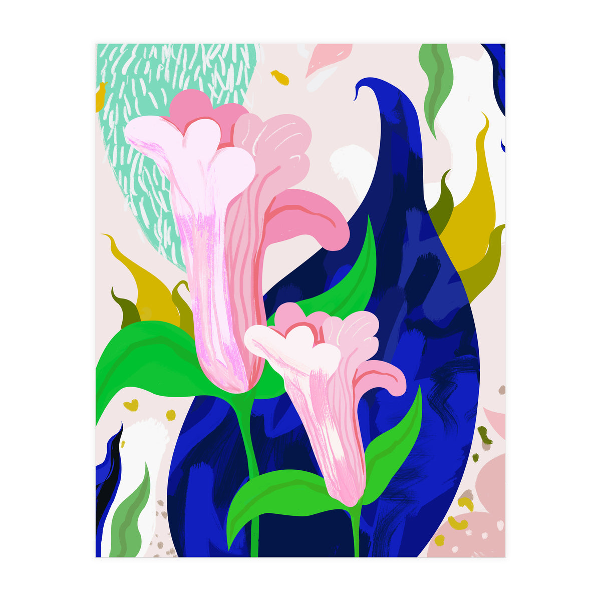 Blue Leaf | Abstract Botanical Floral Painting | Eclectic Pop of Color Nature | Jungle Plants (Print Only)