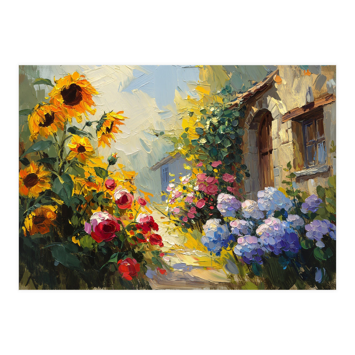 Vibrant Summer Cottage Garden Oil Painting (Print Only)