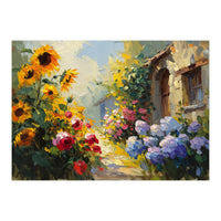 Vibrant Summer Cottage Garden Oil Painting (Print Only)