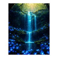 Ethereal Blue Waterfall: Magical Forest Oasis (Print Only)