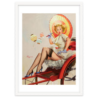 Pinup Girl In Rickshaw Experiencing Sudden Wind