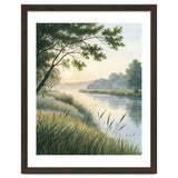 Serene River Sunrise Watercolor Painting with Meadow Grasses and Warm Golden Atmosphere Landscape thumbnail