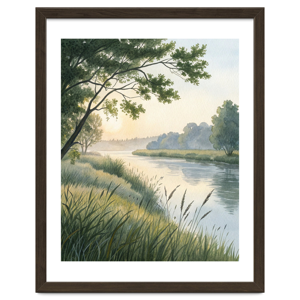 Serene River Sunrise Watercolor Painting with Meadow Grasses and Warm Golden Atmosphere Landscape