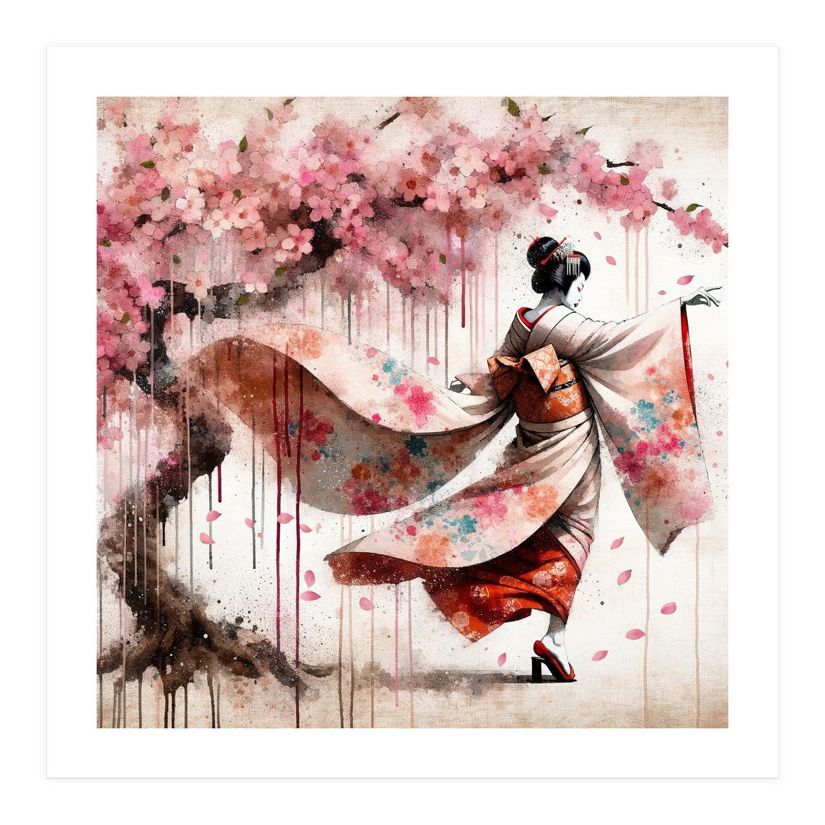 Geisha Under Cherry Blossoms In Motion (Print Only)