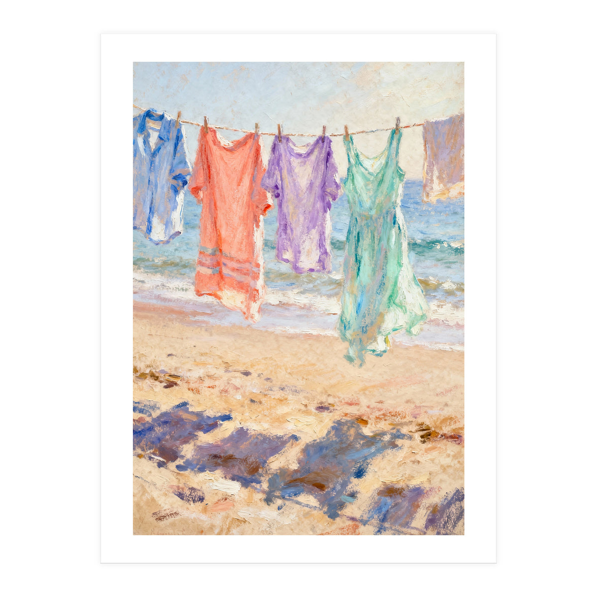 Laundry Drying by the Sea, Colorful Clothes on a Beach Clothesline, Coastal Summer Pastel Painting, Relaxing Ocean Shore Art Print (Print Only)