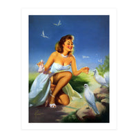 Beautiful Pinup Girl Feeding White Pigeons (Print Only)