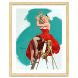 Sexy Pinup Girl In Red Dress Posing On a Ladder thumbnail