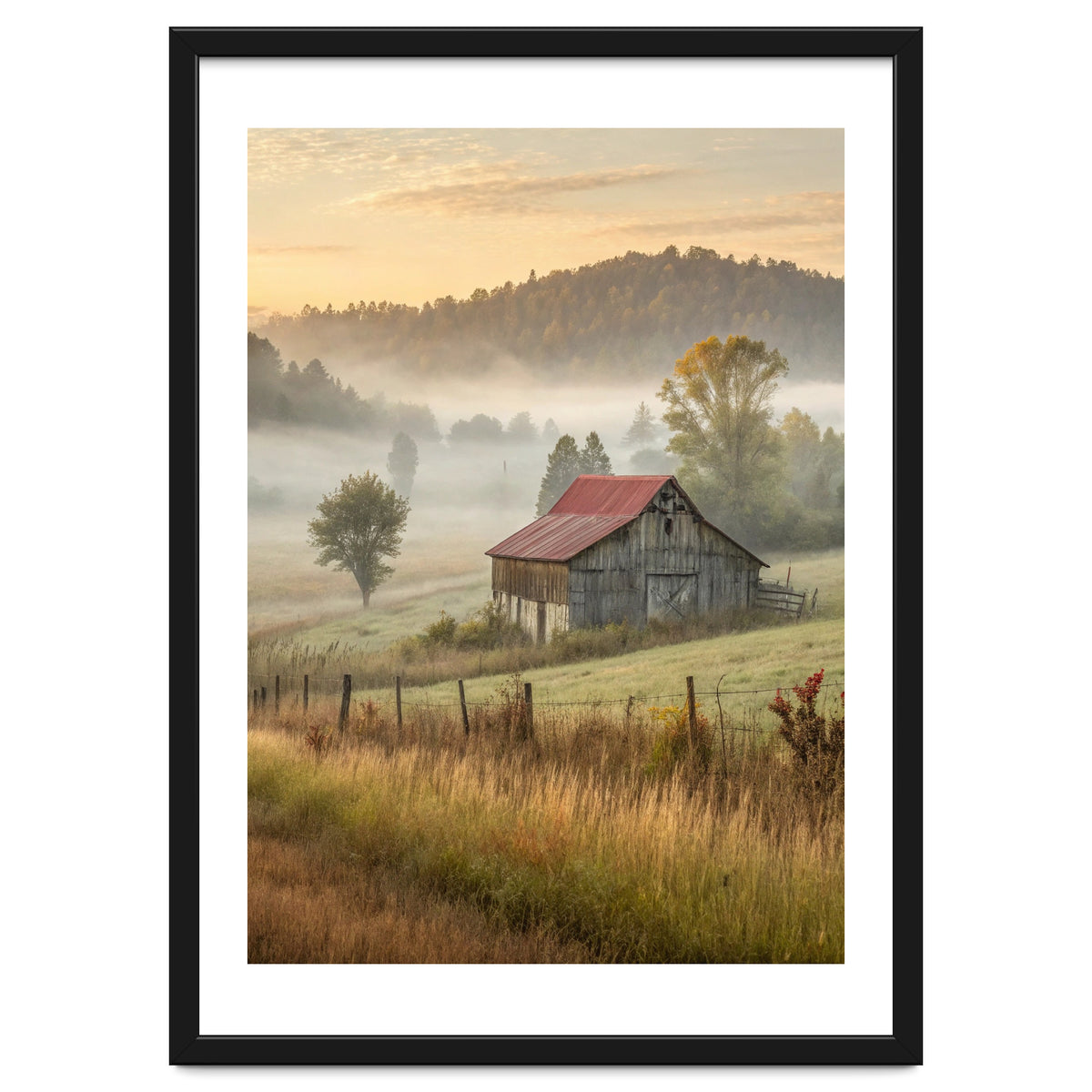 Rustic Red Roof Barn in Misty Morning Valley Landscape